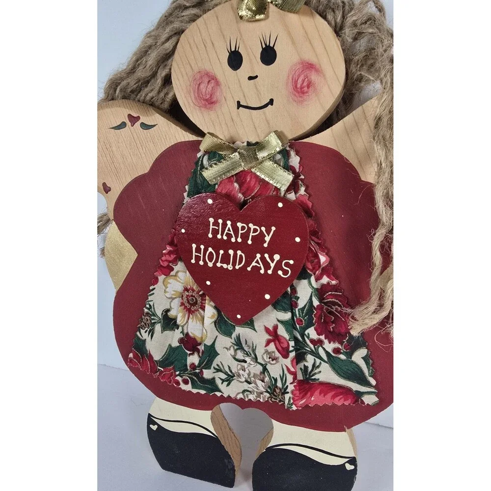 Vintage Christmas Happy Holidays Wooden Angel Plaque Handmade Folk Art JDI Inc